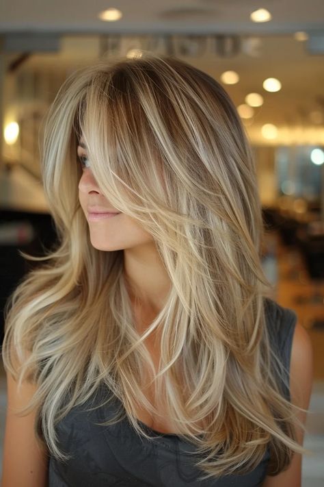 26 Pretty Long Layered Hair with Side Bangs Hairstyles For A Fresh New Look Blonde Balayage With Long Bangs, Womens Hair Colour, Long Layered Hair With Swoop Bangs, Long Bangs Layered Haircut, Side Part Long Bangs Long Hair, Haircut Inspiration Long Layers, Long Layered Womens Haircuts, Fine Hair With Layers Medium Length, Long Straight Hair With Layers Side Part