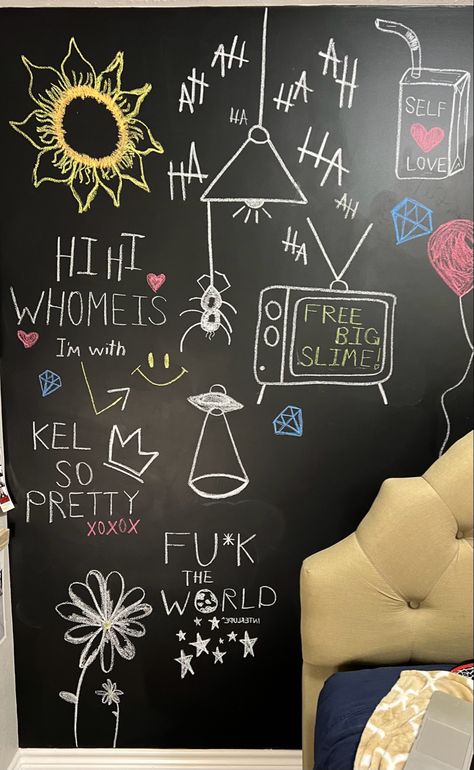 Chalkboard Ideas For Bedroom, Chalk Wall Ideas Aesthetic, Chalk Wall Art Bedroom, Room Chalkboard Ideas, Chalkboard Wall Art Aesthetic, Chalkboard Wall Ideas For Teens, Chalk Wall Bedroom Aesthetic, Black Chalk Wall Bedroom, Chalk Board Ideas For Girls Room