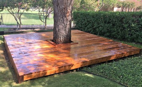 Custom Tree Wrap Around Deck Porch Around Tree, Deck With Trees Through Them, Tree Deck Platform, Tree Bench Wrap Around, Tree Deck Ideas, Deck Around Tree Ideas, Decks Around Trees, Patio Around Tree, Under Tree Seating Area