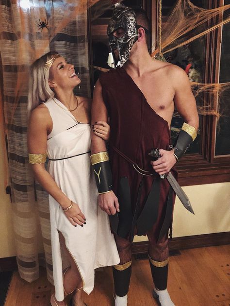 Roman Warrior Costume, Roman Couple Costume, Aphrodite And Ares Costume, Gladiator Couple Costume, Greek Halloween Costumes Couples, Gladiator Costume Women, Ares Costume, Greece Halloween Costumes, Greek Warrior Costume