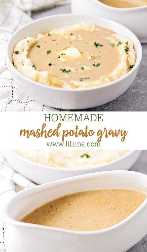 This creamy Mashed Potato Gravy is smooth and seasoned to perfection. It is creamy, beyond simple, and can be made without drippings! #gravyrecipe #browngravy #gravy #mashedpotatogravy Mashed Potato Gravy Recipe, Mashed Potato Gravy, Brown Gravy Recipe Easy, Gravy For Mashed Potatoes, Easy Gravy Recipe, Creamy Pasta Bake, Potato Gravy, Homemade Mashed Potatoes, Best Mashed Potatoes