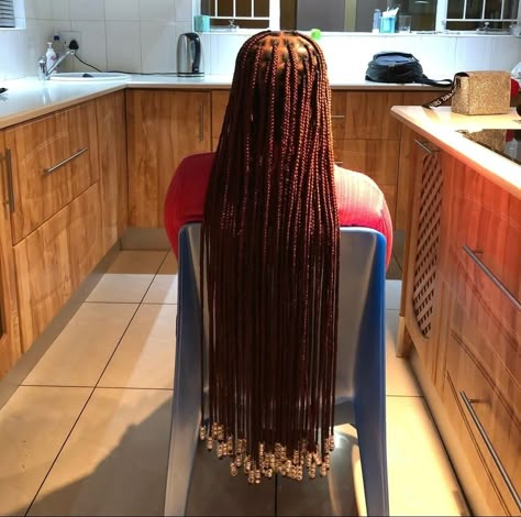 Peekaboo Knotless Braids Orange, Braids With Beads Long Hair, Coloured Knotless Braids With Beads, Light Brown Knotless Braids With Beads, Small Long Knotless Braids With Beads, Long Braid With Beads, Waist Length Knotless Braids With Beads, Colourful Knotless Braids, Knotless With Wooden Beads