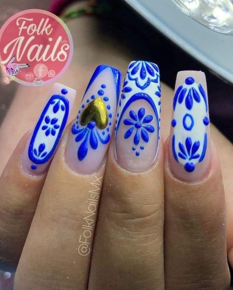 Mexican Nail Ideas, Mexican Pottery Nails, Pink Mexican Nails, Mexican Nails Designs Mexico, Mexico Nail Ideas, Folk Nails, Talavera Nails, Mexican Nail Art, Talavera Nail Art