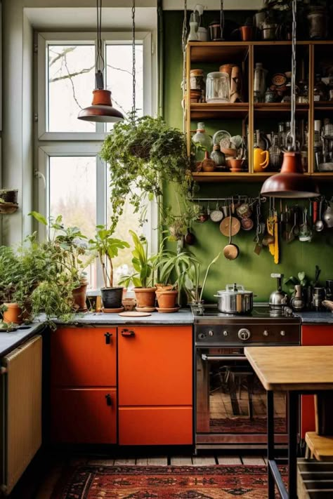 Retro Rustic Kitchen, Eclectic Kitchen Green, Green Eclectic Kitchen, Orange And Green Kitchen Ideas, Boho Galley Kitchen Ideas, Cozy Eclectic Kitchen, Rust Orange Kitchen, Green Orange Kitchen, Orange Cabinets Kitchen