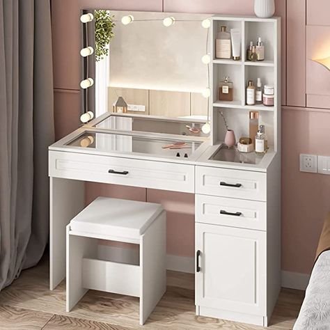 Glass Top Vanity, White Vanity Table, White Vanity Desk, Vanity Desk With Mirror, Desk With Mirror, Makeup Vanity Lighting, Mirrored Vanity Desk, Vanity Table Set, Makeup Desk