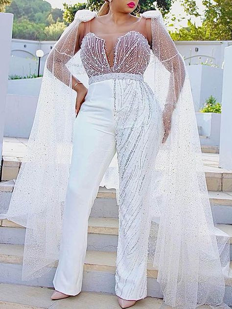 Bridal Jumpsuit The Bride, Romper With Overskirt, Wedding Reception Outfit, Empire Maxi Dress, Wedding Dress Jewelry, Plus Size Brides, Mesh Jumpsuit, Wedding Options, Wedding Jumpsuit