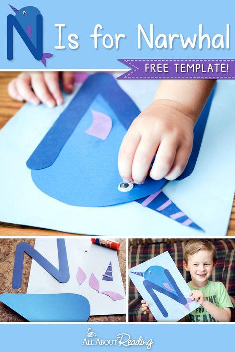 FREE template for this fun letter craft! N is for Narwhal encourages letter recognition. Narwhal Craft, Letter N Craft, N Is For Narwhal, Kids Crafts Letters, Letter N Activities, Preschool Letter Crafts, Prek Crafts, Alphabet Crafts Preschool, Abc Crafts