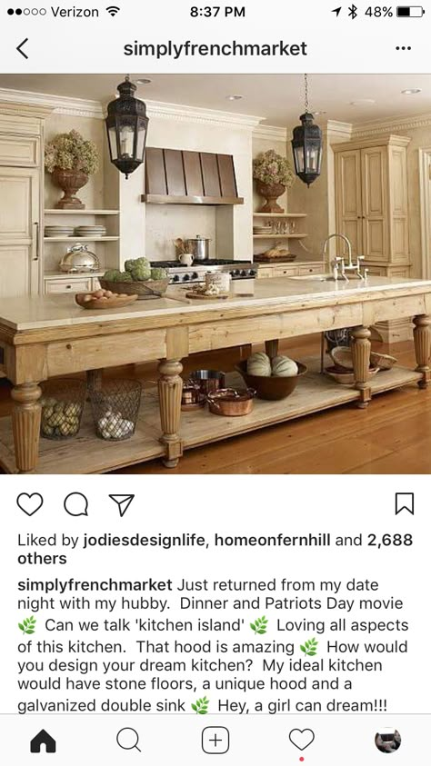 I love this table style island with the open bottom and granite top! French Country Kitchen Island, Antique Kitchen Island, Country Kitchen Island, Outdoor Kitchen Sink, Old World Kitchens, French Farmhouse Kitchen, Kitchen Island With Sink, Rustic Kitchen Island, European Kitchens