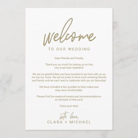 $2.47 | Whimsical Gold Calligraphy Wedding Welcome Letter #wedding welcome letter and itinerary, rustic welcome to our wedding, simple weekend weekend welcome bag, modern hotel guests agenda note, elegant wedding welcome bags, minimalist boho schedule of events, classic country fall wedding itineraries, white champagne gold, spring summer minimal typography k049, winter autumn unique bohemian barn Wedding Welcome Letter, Wedding Welcome Letters, Wedding Program Design, Italian Wedding Venues, Destination Wedding Welcome Bag, Welcome Letter, Wedding Itinerary, Gold Calligraphy, Welcome Letters