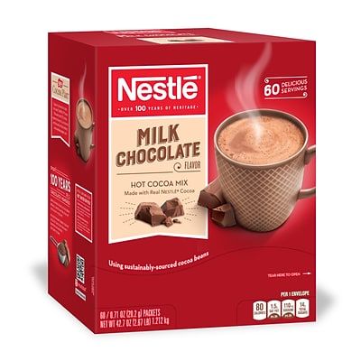 Nestle Milk Chocolate Hot Cocoa Mix, .71 Oz., 60/Box (NES26791) | Quill.com Chocolate Packing, Nestle Milk, Hot Cocoa Mix, Chocolate Pack, Coffee Supplies, Frozen Hot Chocolate, Unique Drink, Hot Cocoa Mixes, Grocery Items