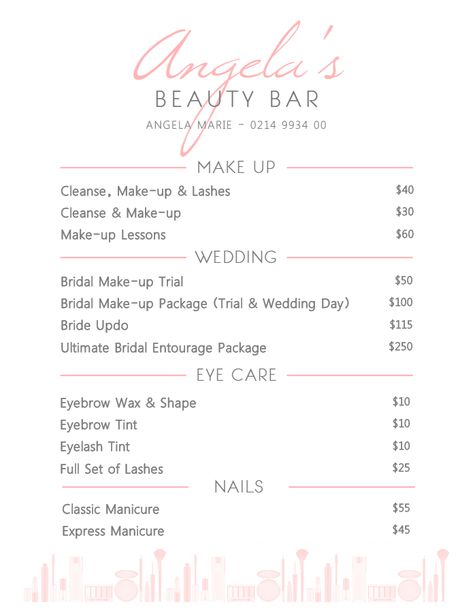 Elegant white beauty parlor service price list template Waxing Price List Ideas, Beauty Price List Design Ideas, Beauty Price List, Makeup Price List, Beauty Salon Price List, Clinic Decor, Makeup Prices, Price List Design, Salon Price List