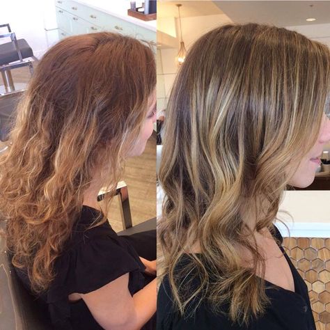 Here's an example of a before and after done on a brassy, red orange color. Strategic highlights, low lights, and a cool toned glaze was used for a softer, brass free result. Blue Shampoo, Types Of Hair Color, Porous Hair, Brassy Hair, Bright Blonde, Hair Appointment, Purple Shampoo, Bleach Blonde, Tone Hair