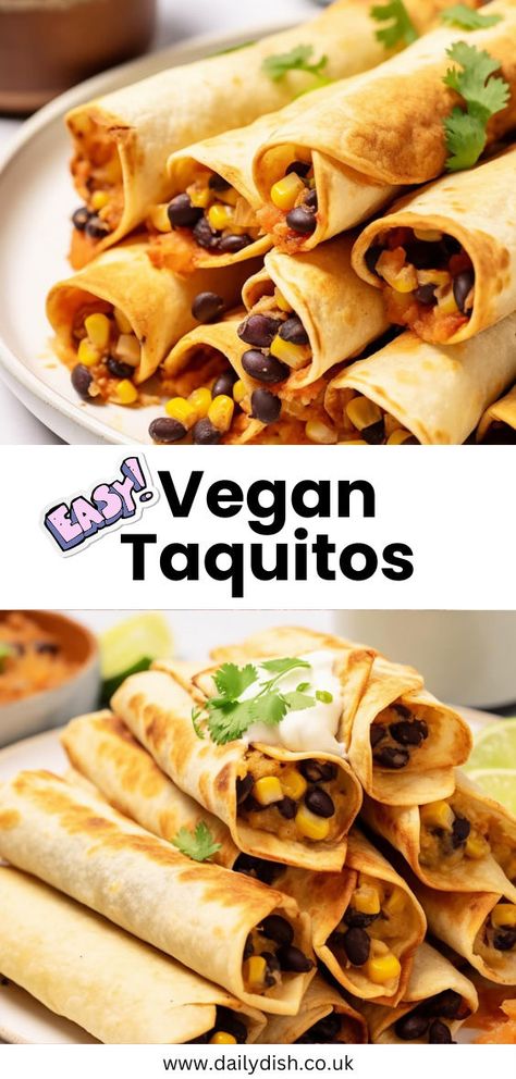 Vegan Taquitos Taquitos Vegetarian, Vegan Taquitos Recipe, Black Bean Taquitos, Vegan Taquitos, Bean Taquitos, Baked Taquitos, Black Beans And Corn, Beans And Corn, Black Beans Corn