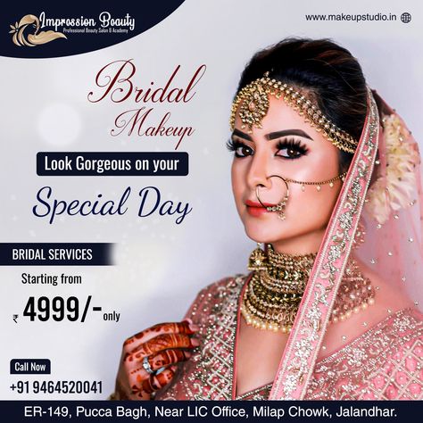 Impression Beauty Make-Up Experts specialize in creating authentic regional bridal looks magically adding finesse and class to each. 👉For more information get in touch with us on: ☎️ Call: +91 9464520041 📧 Email: jalandhar@makeupstudio.in 🌐 Visit: www.makeupstudio.in 🏠: Address: ER-149, Pucca Bagh, Near LIC Office, Milap Chowk, Jalandhar. #bridemakeup #bride #makeup #makeupartist #weddingmakeup #wedding #bridalmakeup #makeupstudio #makeupstudiojalandhar Bridal Makeup Poster Design, Beauty Parlour Offer Poster, Makeup Graphics, Makeup Branding, Offer Poster, Gorgeous Eye Makeup, Makeup Poster, Gorgeous Wedding Makeup, Wedding Makeup Tutorial