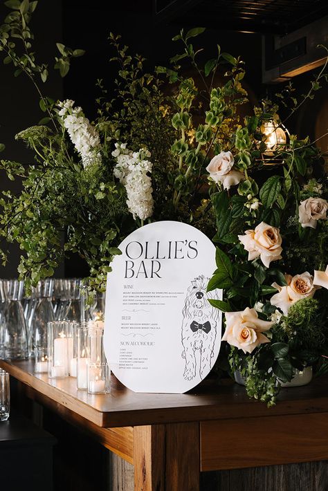 Hand drawn custom dog illustration on Wedding Bar Menu Sign •⁠ Photography Smith+Archer @smithandarcher Wedding Bar Signage, Wedding Cocktail Bar, Wedding Bar Menu Sign, Wedding Sign Decor, Bar Menu Sign, Sign Photography, Bar Signage, Custom Bar Signs, Bar Menu Wedding