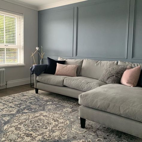 🏡 on Instagram: “It’s the weekend 💕#panelling #denimdrift #sofa#mywestelm” Wall Panelling Behind Sofa, Panneling Rooms Lounge, Dado Rail Panelling Living Room, Panelling Behind Sofa, Pannelling Behind Sofa, Lounge Panelling, Pannelling With Shelf, Behind Sofa, Pink Sofa