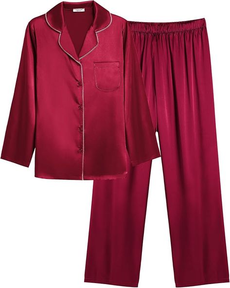 Ekouaer Pajamas For Women Set Silk Pjs 2 Piece Satin Sleepwear Long Sleeve Button Down Lounge Sets With Pant in Red  #loungewear #lounge #softgirl #summer #silk #pyjamas #blue #babyblue #cozywear #trending #viral #scandinavian #trend2025 #winter2025 #cphfashion #bluesilk This post contains affiliate links, which means I may earn a commission if you click through and make a purchase. Silk Pjs For Women, Red Loungewear, Red Pjs, Silk Pjs, Silk Pyjamas, Pajamas For Women, Satin Sleepwear, Thrift Finds, Birthday List