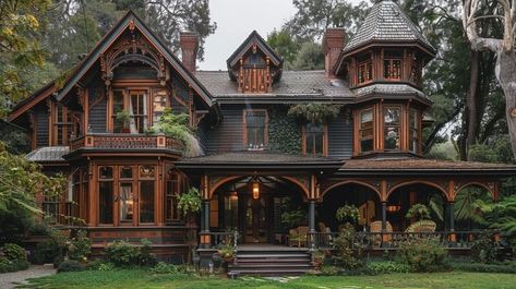 This stunning Victorian mansion captures the essence of 19th-century design with its ornate woodwork and detailed craftsmanship. Nestled amidst verdant gardens, the house features multiple gables, a towering turret, and sweeping porches, all elaborately decorated with wooden trims. This architectural masterpiece not only reflects the elegance of the era but also offers a timeless appeal, making it a perfect example of historical preservation and artistic design. Overgrown Victorian House, Victorian Home Backyard, Victorian Hotel Exterior, 1800s Victorian Home, Victorian Mansion Exterior, Victorian Era House, Victorian Homes Exterior, Victorian Manor, Mansion Exterior