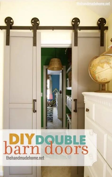 diy double barn doors Small Closet Organization Diy, Double Sliding Barn Door, Barn Door Projects, Door Diy Projects, Barn Door Pantry, Double Sliding Barn Doors, Barn Door Hinges, Diy Sliding Door, Rolling Barn Door