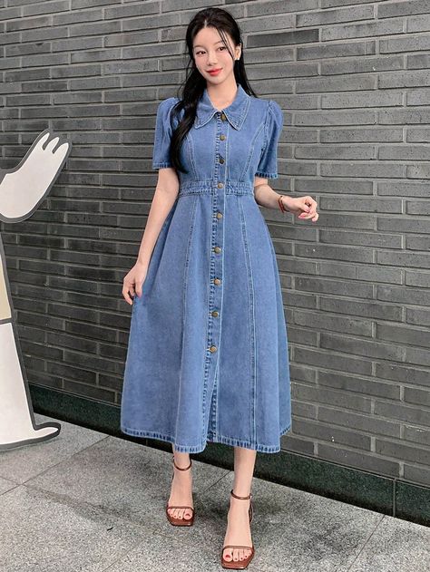 Women's Elegant Western Style Washed Rivet Puff Sleeve Collared Denim Dress, Summer Medium Wash Casual  Half Sleeve Denim Plain Shirt Non-Stretch Spring/Summer Women Clothing, size features are:Bust: ,Length: ,Sleeve Length: Cropped Denim Pants, Womens Denim Dress, Mid Calf Dresses, Cropped Pants Women, American Casual, Western Wear For Women, Flare Leg Jeans, Plain Shirts, Denim Shorts Women