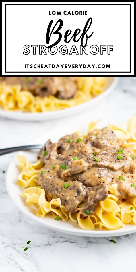 Healthy beef stroganoff recipe that is low in calories, creamy and deliciously comforting! Healthy Beef Stroganoff Recipe, Healthy Beef Stroganoff Clean Eating, Low Cal Beef Stroganoff, Low Calorie Beef Stroganoff, Macro Friendly Beef Stroganoff, Low Calorie Stroganoff, Low Calorie Beef Meals, Low Calorie Hearty Meals, Low Calorie Meat Recipes