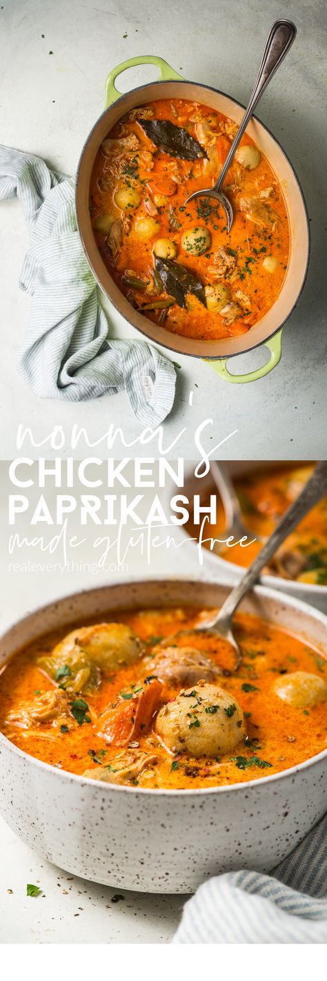 Nonna's Chicken Paprikash (Chicken & Dumplings) made gluten-free - Real Everything Gluten Free Chicken Paprikash, Paprikash Chicken, Hungarian Chicken, King Arthur Gluten Free, Chicken Paprikash, Chicken Dumplings, Paleo Soup, Free Lunch, Pre Cooked Chicken