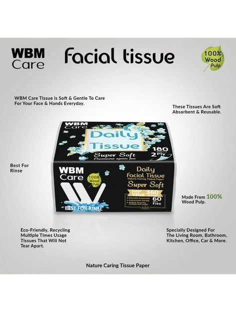 HANDKERCHIEF TISSUE PAPER: WBM Care Tissue Paper is best for rinse, soft, and gentle on face and hands ABSORBANCE: Daily Facial Tissue has good absorbent power and are reusable ECO-FRIENDLY: Recyclable, we can use multiple times, Facial Tissues will not tear apart Facial Tissues, Body Organs, Wood Care, Soft And Gentle, Facial Tissue, Tissue Paper, Biodegradable Products, Pakistan, Online Shopping