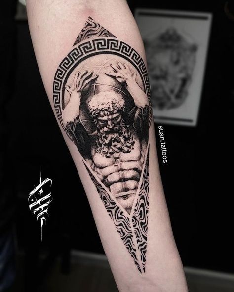 Atlas Sleeve Tattoo, Forearm Back Tattoo, Posideon Tattoo, Expensive Tattoos, Atlas Tattoo Mythology, Odysseus Tattoo, Atlas Tattoo Design, Betrayal Tattoo, Roman Tattoos