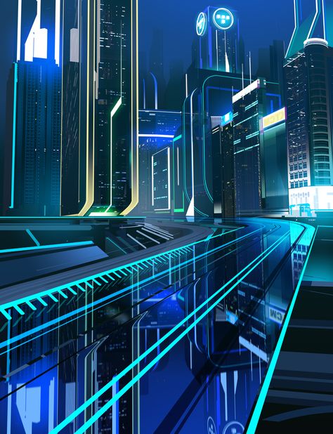 Tron Uprising — + Alberto Mielgo, Tron Art, Tron Uprising, Tron Legacy, Sci Fi City, City Road, Cyberpunk Aesthetic, Cyberpunk City, Arte Cyberpunk