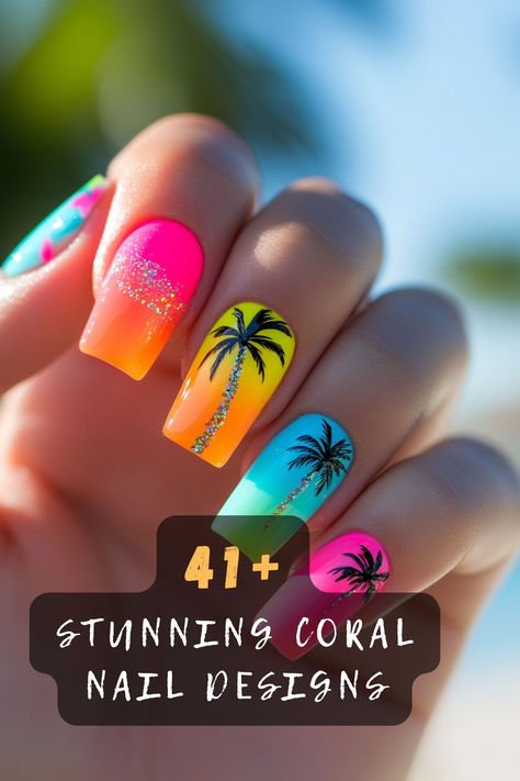 Brighten your style with 41 stunning coral nail designs. 🌺💅 These vibrant looks feature a range of shades from soft peach to bold tangerine, perfect for any occasion. Want to add a splash of color to your nails? Click to explore all the stunning designs! #CoralNails #BrightenYourStyle #VibrantLooks #ShadesOfCoral #SplashOfColor Vacation Nails With Flowers, Neon Cruise Nails, Coral Nail Art Designs, Glitter Vacation Nails, Cruising Nails Designs, Caribbean Coral Color Street Nails, Easy Tropical Nails, Sunny Holiday Nails, Nail Designs Vacation Tropical