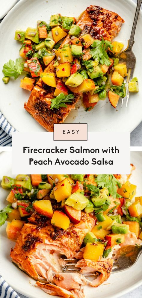 Delicious sweet and spicy firecracker salmon topped with a wonderful, fresh peach avocado salsa. This firecracker salmon recipe can be baked or grilled for a healthy weeknight meal that everyone will love! Serve with your favorite sides, rice, quinoa or even in tacos. Firecracker Salmon Recipes, Firecracker Salmon, Salmon Soy Sauce, Grilled Salmon Recipes, Peach Salsa, Ambitious Kitchen, Healthy Weeknight Meals, Salmon Avocado, Healthy Salmon