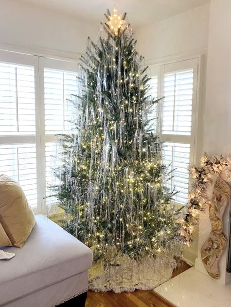 Christmas Tree With Icicle Tinsel, Icicle Tinsel Christmas Trees, Christmas Trees With Icicles, Christmas Tree With Tensil, Ribbon Tinsel Christmas Tree, Hanging Tinsel On Tree, Tensil On Christmas Tree, Tinsel Covered Christmas Tree, Tinsel On Flocked Tree