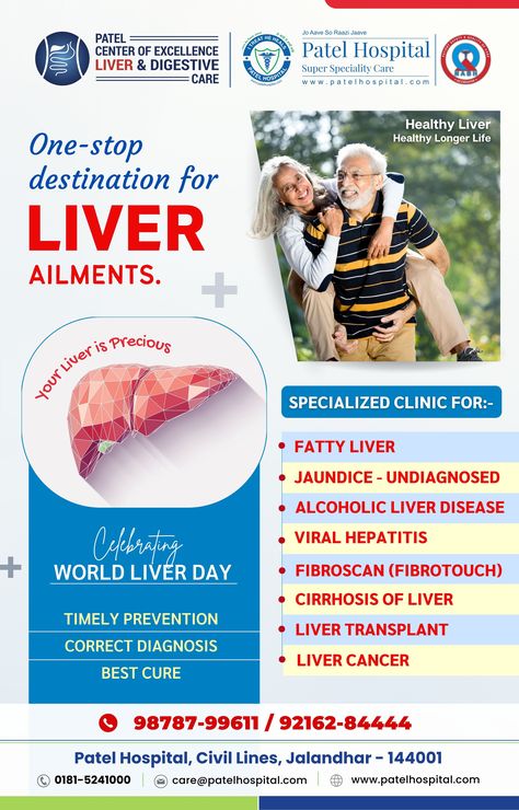 Did you know? The liver can regenerate itself and grow back to its normal size even after losing up to 75% of its tissue. At 𝗣𝗮𝘁𝗲𝗹 𝗛𝗼𝘀𝗽𝗶𝘁𝗮𝗹, 𝗝𝗮𝗹𝗮𝗻𝗱𝗵𝗮𝗿 we are committed to providing the best care and support to patients with liver disorders. Let's pledge to adopt a healthy lifestyle, avoid alcohol and other harmful substances, and protect our liver from damage. Here's to a healthy liver and a healthy life. 𝗛𝗮𝗽𝗽𝘆 𝗪𝗼𝗿𝗹𝗱 𝗟𝗶𝘃𝗲𝗿 𝗗𝗮𝘆! Wishing Good Health, Avoid Alcohol, Live Healthy, Healthy Liver, Health And Happiness, Health Day, The Liver, Good Health, Book Humor