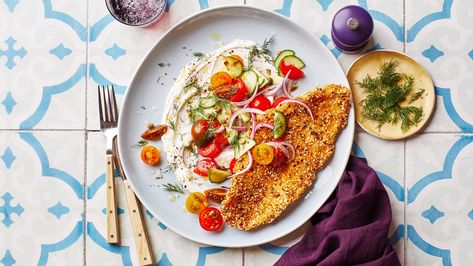 Hit all the notes of a fully-loaded bagel—complete with tangy yogurt taking the place of cream cheese—with this crispy fish cutlet. Raw Salad, Fish Cutlets, Tomato Salad Recipes, Seafood Entrees, Chicken Schnitzel, Onion Relish, Sour Cream And Onion, Chicken Salad Recipes, Tomato Salad