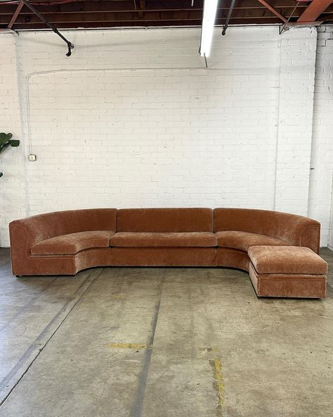 Abruzzo Sectional - Made To Order Price: 4500 Dimensions: W158 D33 H30 SW145 SD20 SH17 Ottoman W29 D29 H17 SW28 SD28 SH17 Vintage Mid Century Furniture, Curved Sectional, Vintage Couch, Modular Sectional Sofa, Post Modern, Living Room Sectional, Chenille Fabric, Sofas And Chairs, Living Room Inspiration