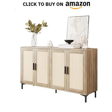 Sideboard - Kitchen Buffet Cabinet with Rattan Decorated Doors, Accent Sideboard Cabinet with Doors, Coffee Bar Cabinet Rattan Sideboard Buffet Cabinet with Storage (Natural with 4 Doors)  #homedesign #homedecor #housedesign #housedecor #room #roomdecor #roomdesign #interior #design #home #house #furniture #decor #bedroom #kitchen #livingroom Dining Room Buffet Cabinet, Bar Storage Cabinet, Decorated Doors, Kitchen Buffet Cabinet, Sideboard Cabinet Modern, Coffee Bar Cabinet, Mid Century Modern Sideboard, Rattan Sideboard, Cabinet With Doors