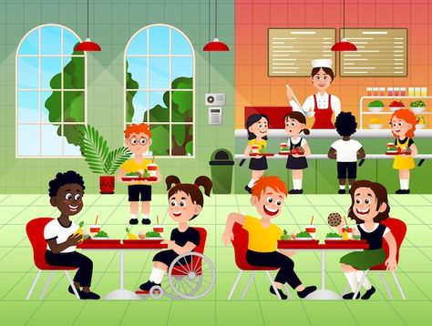 Vector elementary students eating lunch ... | Premium Vector #Freepik #vector #school-canteen #kids-eat #school-cafeteria #primary Restaurant Clipart, Kids Going To School, Kids Cartoon Characters, School Illustration, School Images, School Cartoon, Happy Students, School Cafeteria, School Clipart