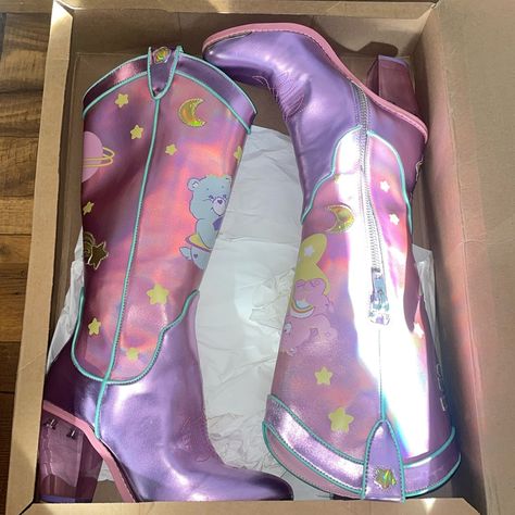 New With Minor Flaws Dolls Kill Carebears Holograpghic Cowboy Boots Size 7 Pink & Purple Color Moon Planets & Stars Detailing Funky Cowgirl Boots, Hope Scope, Rainbow Boots, Holographic Boots, Colorful Boots, Hoof Shoes, Magical Moon, Wonderland Artwork, Cute Converse