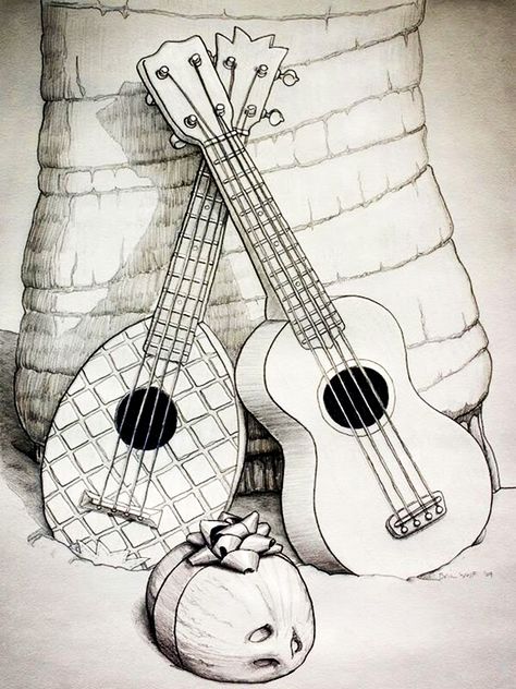 Ukulele Drawing Sketch, Ukulele Drawing, Coconut Drawing, Themed Sketchbook, Musical Drawings, Music Related Art, Ukulele Art, Sea Turtle Tattoo, Awesome Paintings