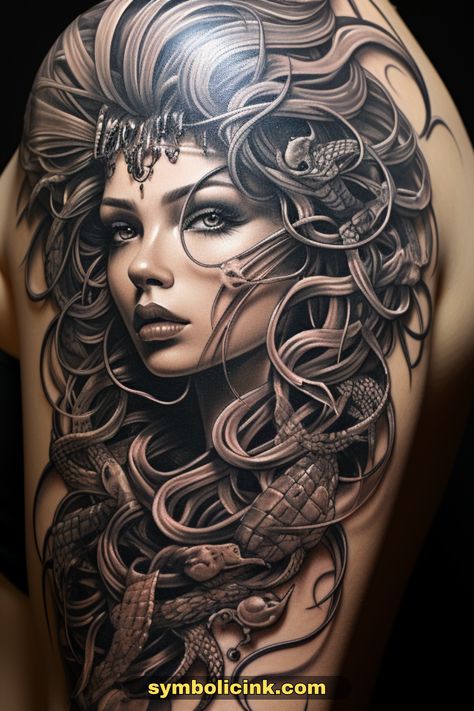 Medusa Tattoo Designs Medusa Tattoos For Men, Medusa Tattoo On Calf, Madusa Sleeve Tattoos For Women Leg, Medusa Mermaid Tattoo, Medusa Tattoo Hip, Medusa Tattoo Leg, Medusa Tattoo Color, Medusa Hip Tattoo, Realistic Medusa Tattoo