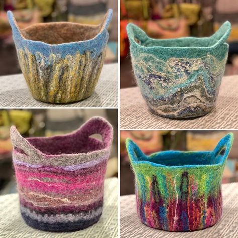 Wet Felting Tutorial, Felted Basket, Smart Textiles, Felt Basket, Felted Bowls, Felt Yarn, Basket Bags, Wool Felt Projects, Wet Felting Projects