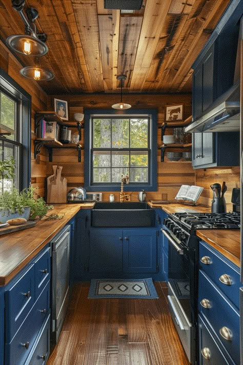 Discover 41+ Ways to Style a Dark Blue Kitchen for Modern Homes Dark Blue Kitchen Ideas, Light Grey Countertops, Dark Blue Kitchen, Blue Cabinetry, Blue Kitchen Ideas, Dark Blue Kitchens, Herringbone Tile Backsplash, Wooden Countertops, White Tile Backsplash