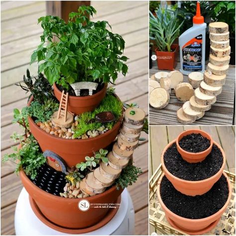 40 Creative DIY Fairy Garden Ideas To Make Your Own - Blitsy Flower Pot Fairy Garden, Pot Fairy Garden, Diy Flower Pot, Fairy Garden Pots, Flower Tower, Fairy Garden Designs, Mini Fairy Garden, Diy Flower Pots, Garden Steps