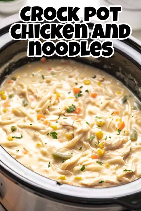 Our Slow Cooker Chicken and Noodles recipe is the ultimate comfort food, combining tender egg noodles and juicy chicken cooked to perfection in a creamy sauce. With simple ingredients and just 10 minutes of preparation, this warm, hearty meal is effortlessly made in your crockpot. Crockpot Dishes | Crockpot Recipes Slow Cooker | Crock Pot Cooking | Chicken Crockpot Recipes | Cooking Recipes | Poultry Recipes | Chicken Noodle Recipes | Slow Cooker Chicken And Noodles, Crock Pot Chicken And Noodles, Chicken And Noodles Recipe, Creamy Chicken And Noodles, Chicken And Egg Noodles, Crockpot Chicken And Noodles, Egg Noodle Recipes, Chicken And Noodles, Chicken Noodle Soup Crock Pot