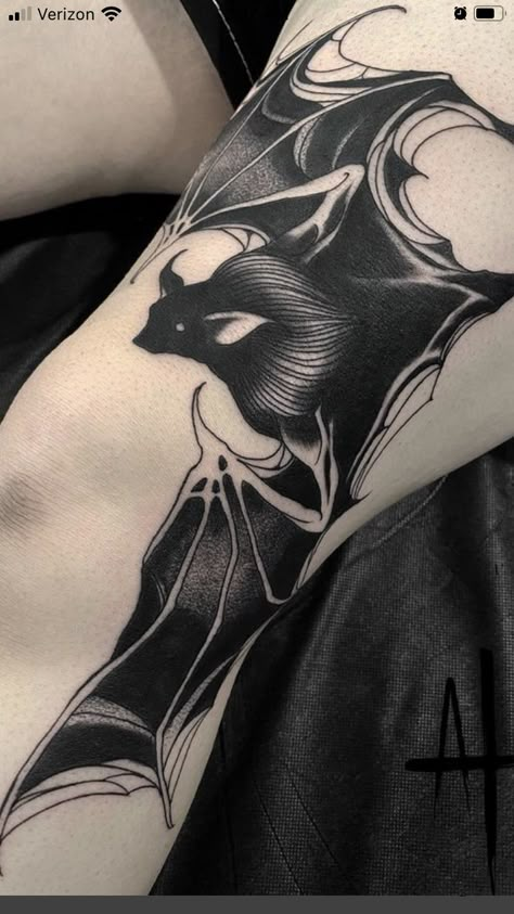 Colored Bat Tattoo, Bat Tattoo Blackwork, Bat Leg Tattoo, Goth Dark Tattoo, Goth Filler Tattoo, Goth Thigh Tattoo, Gothic Leg Tattoos, Bat Knee Tattoo, Bat Tattoo Gothic