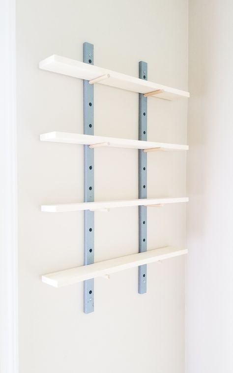 Diy Track Shelving, Cheap Shelf Ideas, Peg Board Shelves Diy, Peg Shelf Diy, Dowel Shelving, Diy Peg Wall, Diy Shelves Easy Cheap, Unique Shelf Ideas, Diy Adjustable Shelves