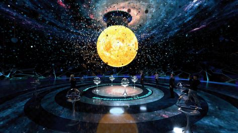 Energy museum. "Hall of big bang" cosmic energy on Behance Galaxy Interior Design, Astronomy Exhibition, Observatory Aesthetic, Cosmic Architecture, Astronomy Museum, Galaxy Event, Space Exhibition, Universe Design, Concert Stage Design