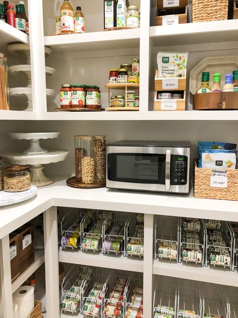 Small Walk In Pantry With Microwave, Under Counter Pantry Storage Ideas, Microwave In Butlers Pantry, Pantry Shelving With Countertop, Baking Station In Pantry, Walk In Pantry Microwave, Small Pantry With Countertop For Appliances, Small Pantry With Microwave, Microwave In Small Pantry