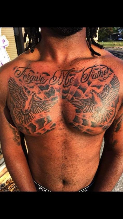 Self Made Chest Tattoo, Chest Tattoo Black Men, Half Chest Tattoo Men Ideas Unique, Black Men Chest Tattoos, Chest Tattoo Men Ideas Full, Chest Tattoo Text, Chest Tattoo Men Ideas Black Man, Best Chest Tattoos For Men, Men Chest Tattoo