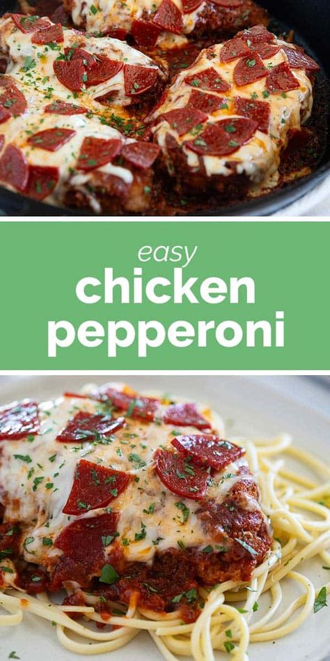 This Chicken Pepperoni is chicken parmesan with a twist! Chicken breasts are cooked until crispy, then topped with a simple tomato sauce, cheese, and lots of pepperoni. This is an easy weeknight meal that kids and parents both approve of. Chicken Pepperoni, Pepperoni Chicken, Simple Tomato Sauce, Asian Steak Bites, Pepperoni Recipes, Easy Tomato Sauce, Easy Peasy Recipes, Tasty Meat, Yummy Chicken